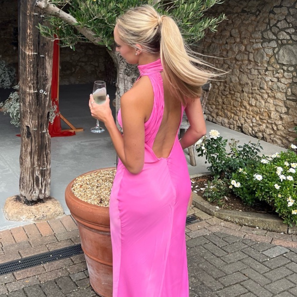 MESHKI Claire Satin Drape Back Maxi Dress